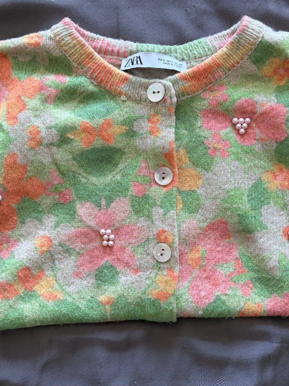 EUC Zara Women’s Pearl-Trim Floral Jacquard Knit Cardigan Acrylic Size Small - Picture 5 of 7